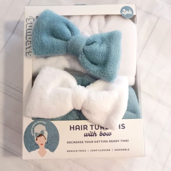 Endless Sundays Hair Turbans Pack of 2 Quick Dry Bow Wraps White Blue NIP - Picture 1 of 5